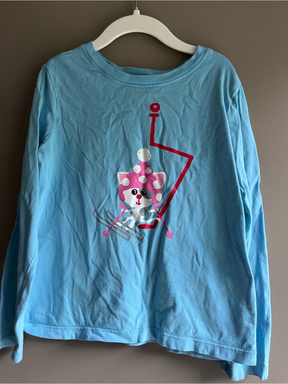 Hanna Andersson Light Blue Long Sleeve Tee shirt with Pink Ski Cat 130cm kids 8